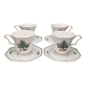 Nikko Christmastime 8 Pc Set 4 Cups 4 Saucers Octagon Christmas Tree  JAPAN